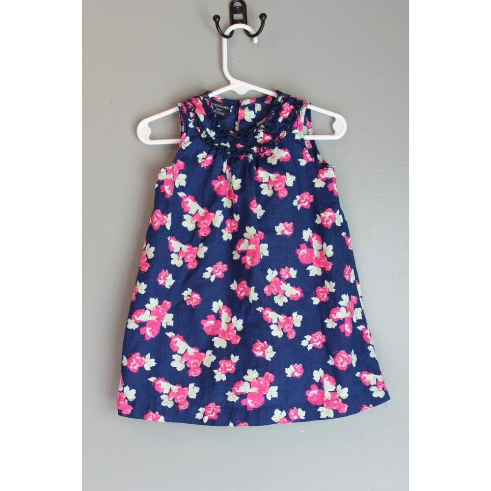 Faded Glory Baby Toddler Dress Navy Blue Pink Rose Sleeveless Size 24M
